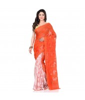 Bengal Handloom Tant Soft Dhakai Jamdani Cotton Saree Whole Body Design (Orange White)